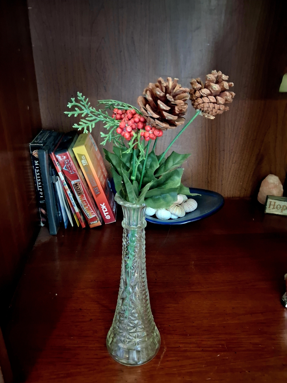 Glass Bud Vase with Brown Pinecone and Red Berry Accents